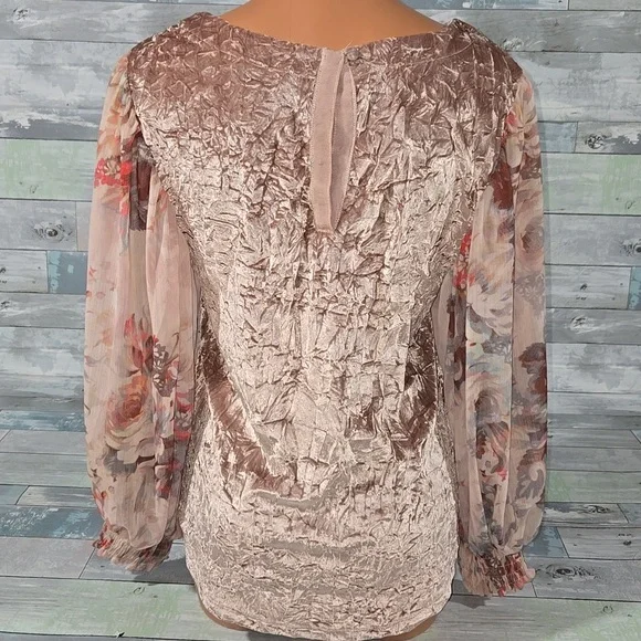 Meadow Rue Velvet Floral Blouse in Brown and Cream Sheer Floral Sleeve X-Small - Picture 4 of 6